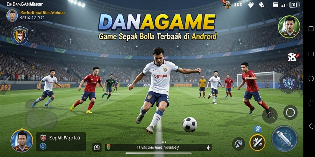 Screenshot gameplay dinamis dari DANAGAME menampilkan aksi seru sepak bola.